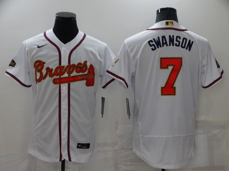 Men Atlanta Braves #7 Swanson White Gold Elite Nike 2022 MLB Jersey